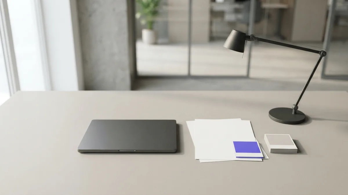 Materials used in a graphic design program Design study desk with blank materials, closed laptop, and subtle violet accent