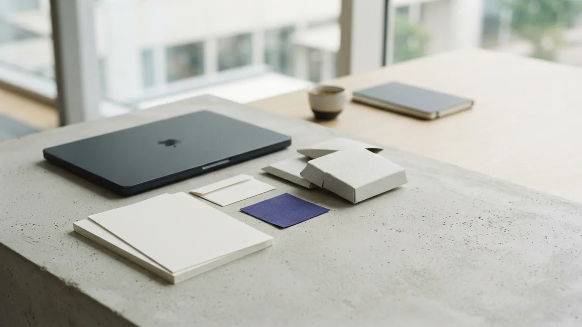 Minimal workspace showing packaging materials and digital design tools