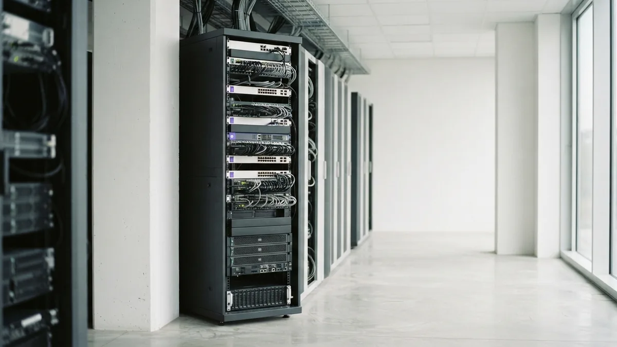 Clean server aisle and network hardware representing ecommerce payment flow