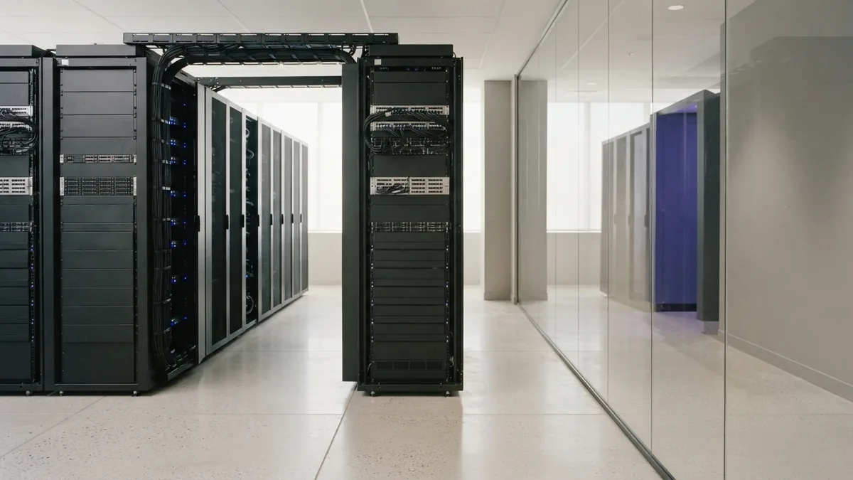 Bright server aisle and network hardware Bright server aisle with clean hardware and a subtle indigo-violet reflection