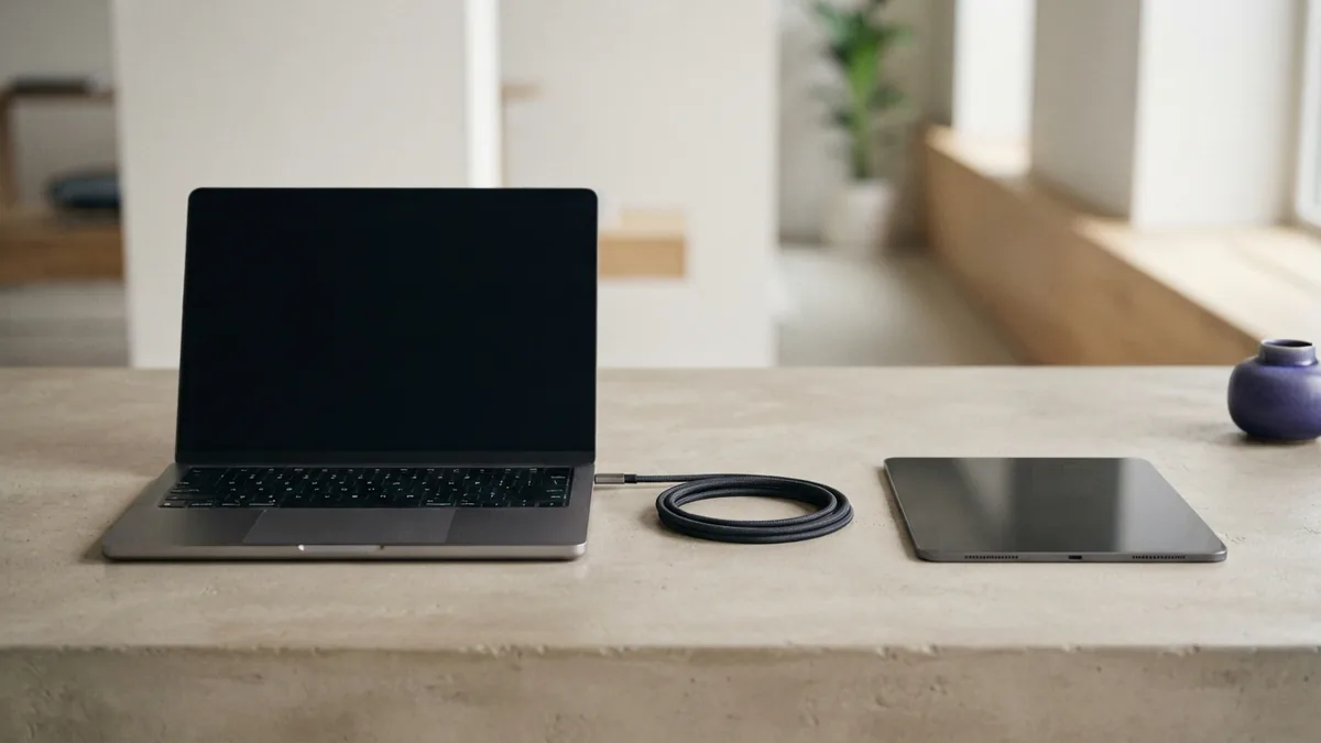 Responsive devices in a clean workspace Laptop and tablet with blank screens arranged on a clean concrete workspace