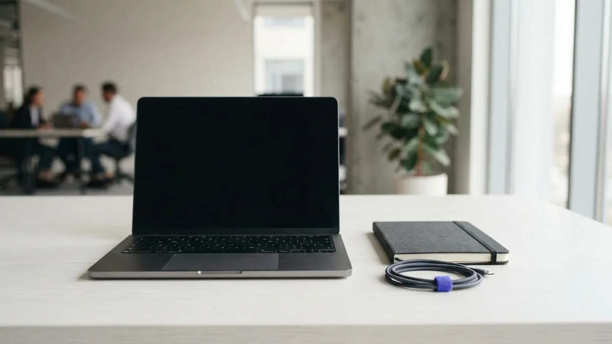 Laptop and cables arranged on a clean desk for front-end and back-end work