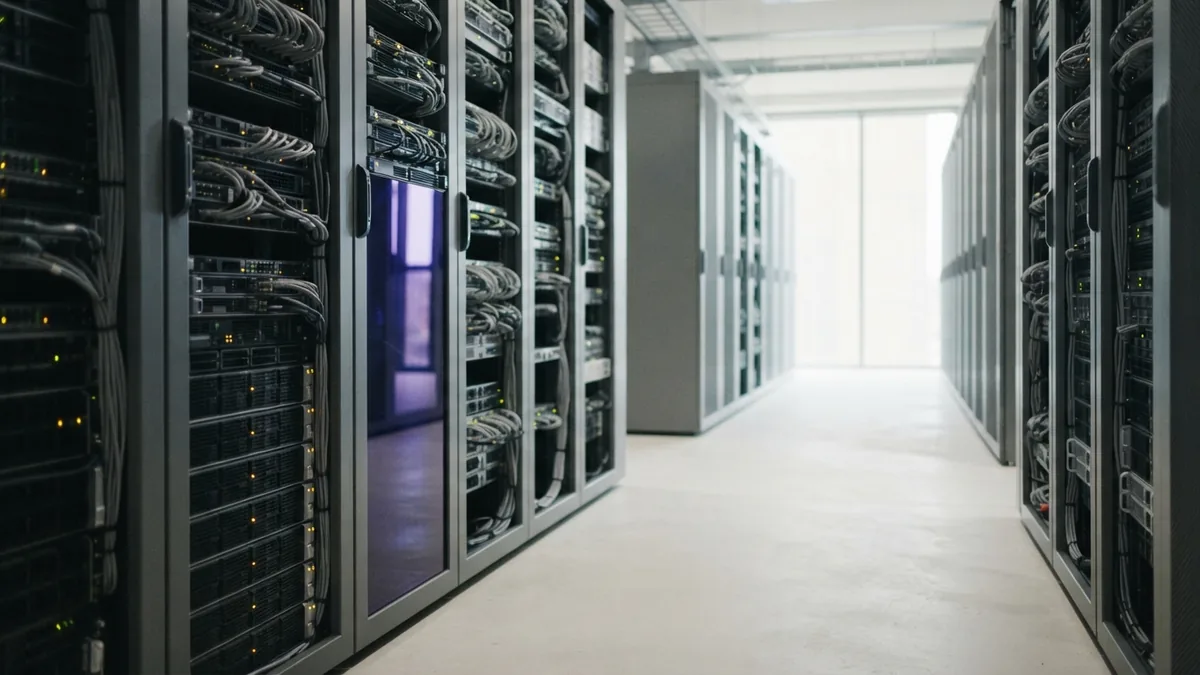 Web project server and network hardware Bright server aisle with network hardware and a restrained indigo reflection