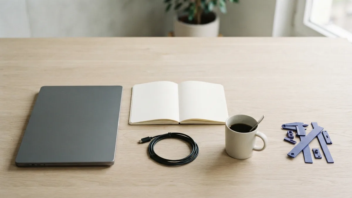 Minimal desk setup with laptop, notebook, cable, coffee, and coding tools