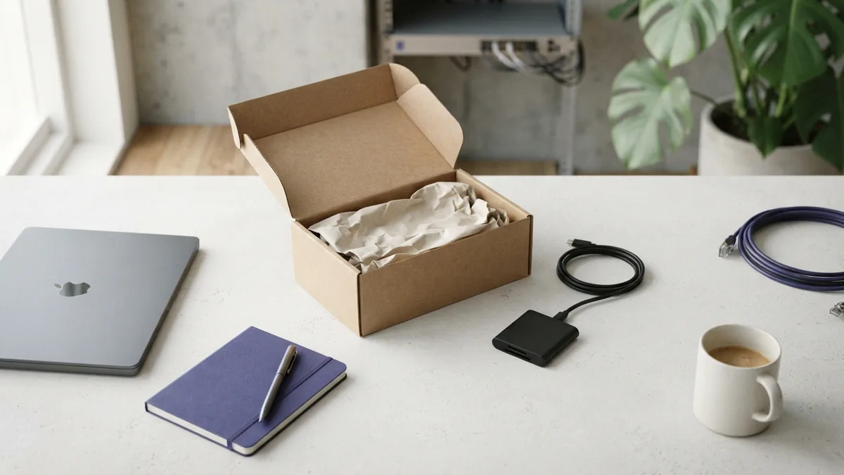 Store tools for orders and payment Unmarked parcel and card reader representing product orders and online store payments