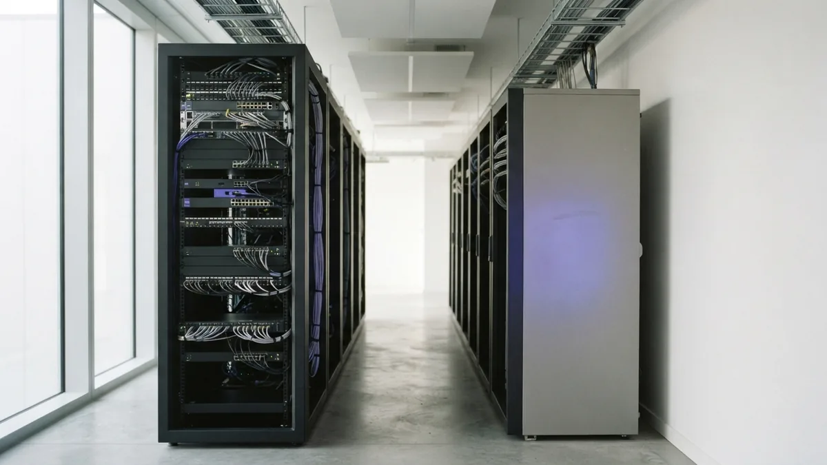 Bright server aisle and network hardware showing the technical side of web design