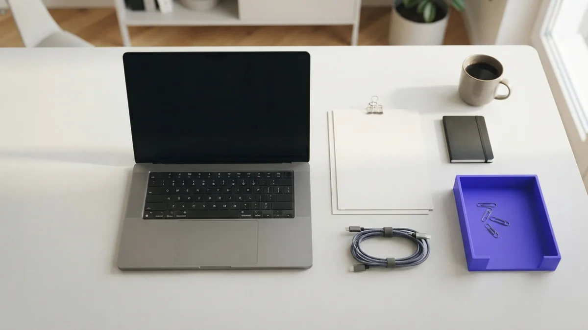 Planning a search-friendly web design Organized desk setup with laptop and planning materials for web design work