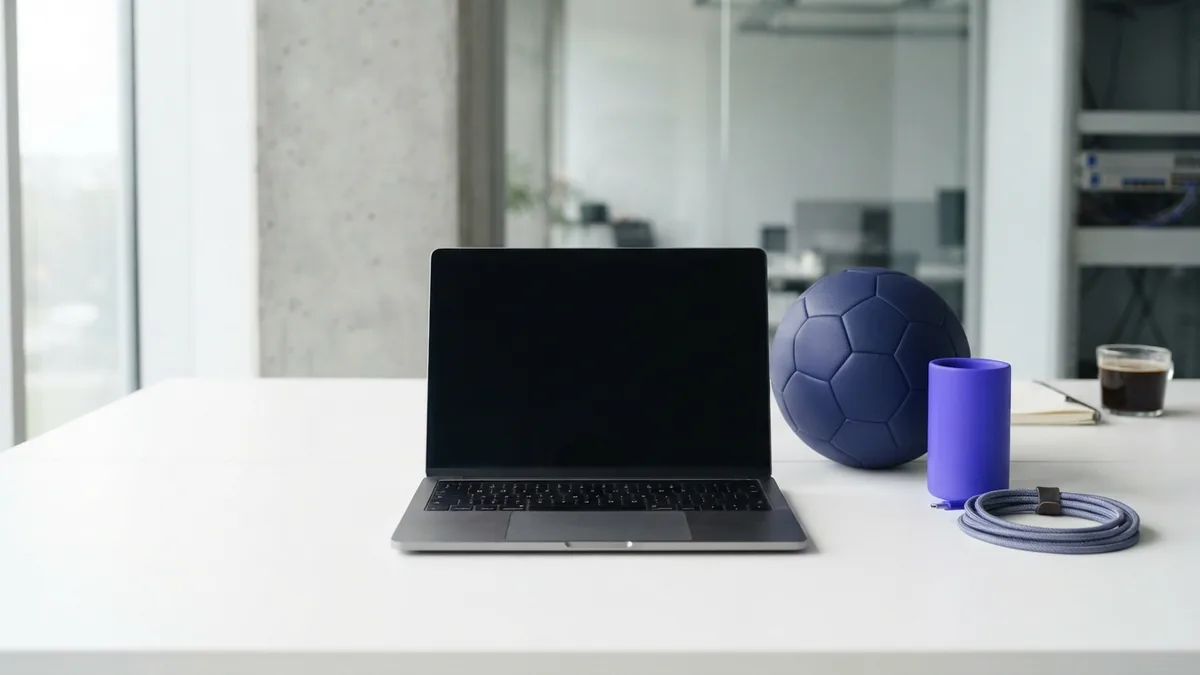 Blank laptop and football arranged on a clean desk with an indigo accent