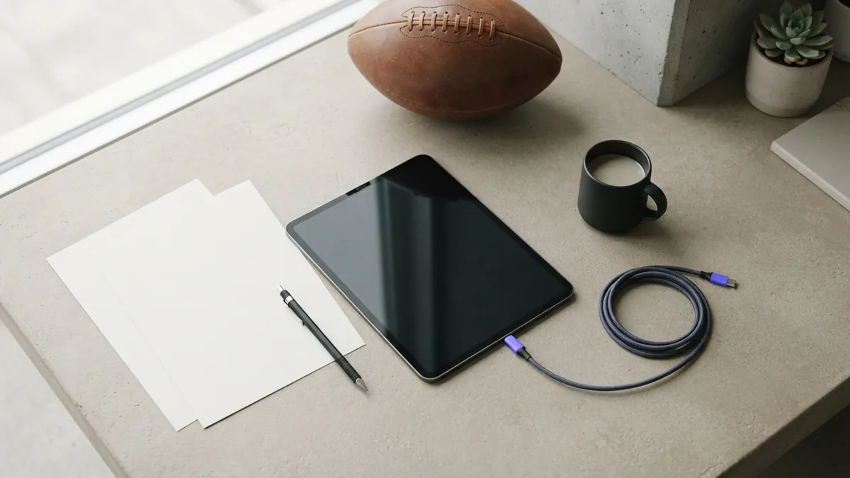 Flat-lay workspace with football, blank tablet, paper, and neat cables