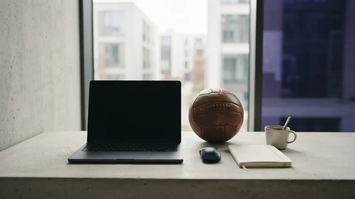 Vintage football beside a closed laptop in a calm modern studio workspace