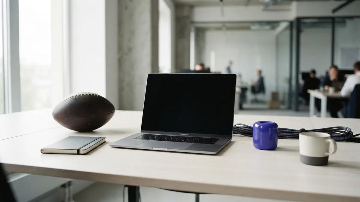 Modern strategy desk with blank laptop, football, cables, and soft daylight