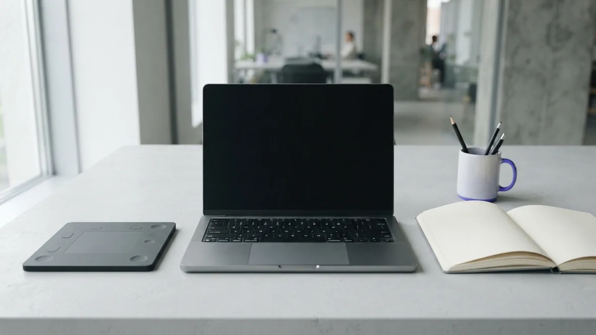 Blank laptop and notebook on a desk, representing the interface and journey in product design