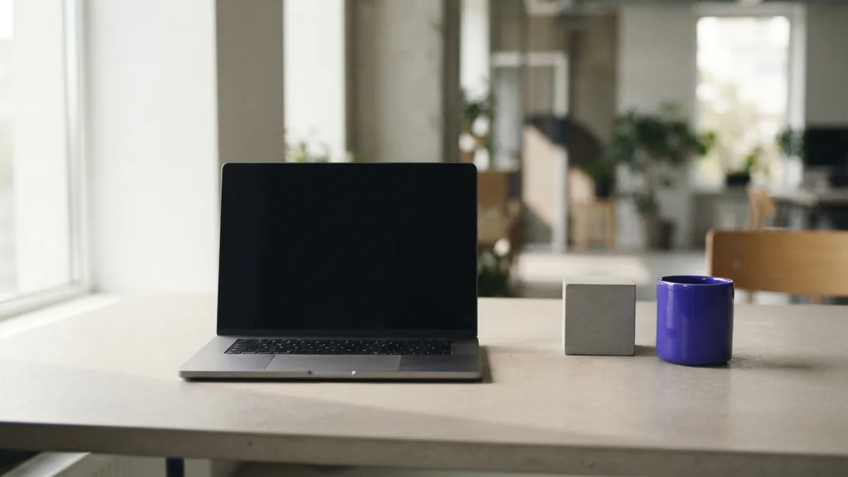 Minimal design objects beside a laptop, showing the distinct roles of UI and UX