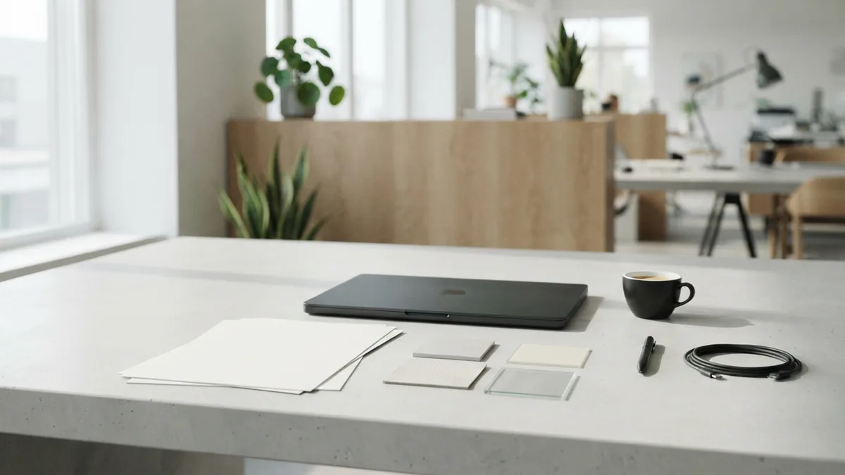 A workspace for visual design Tidy workspace with blank paper and material swatches for visual interface design