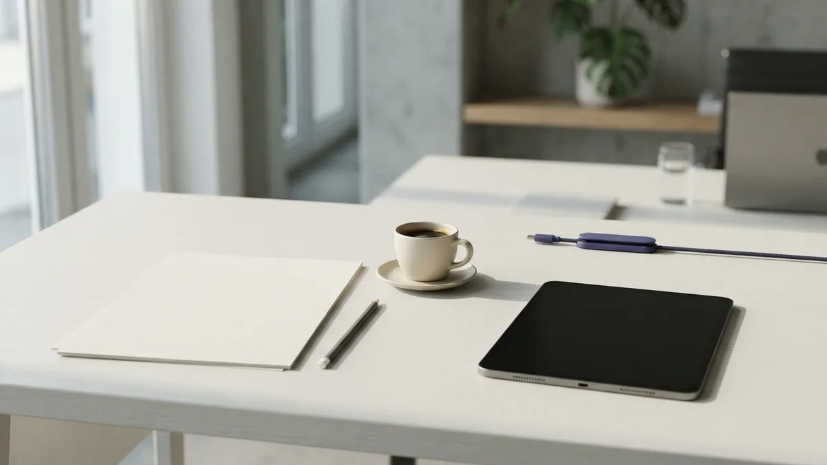 Minimal research workspace with blank papers, tablet, pencil, and coffee