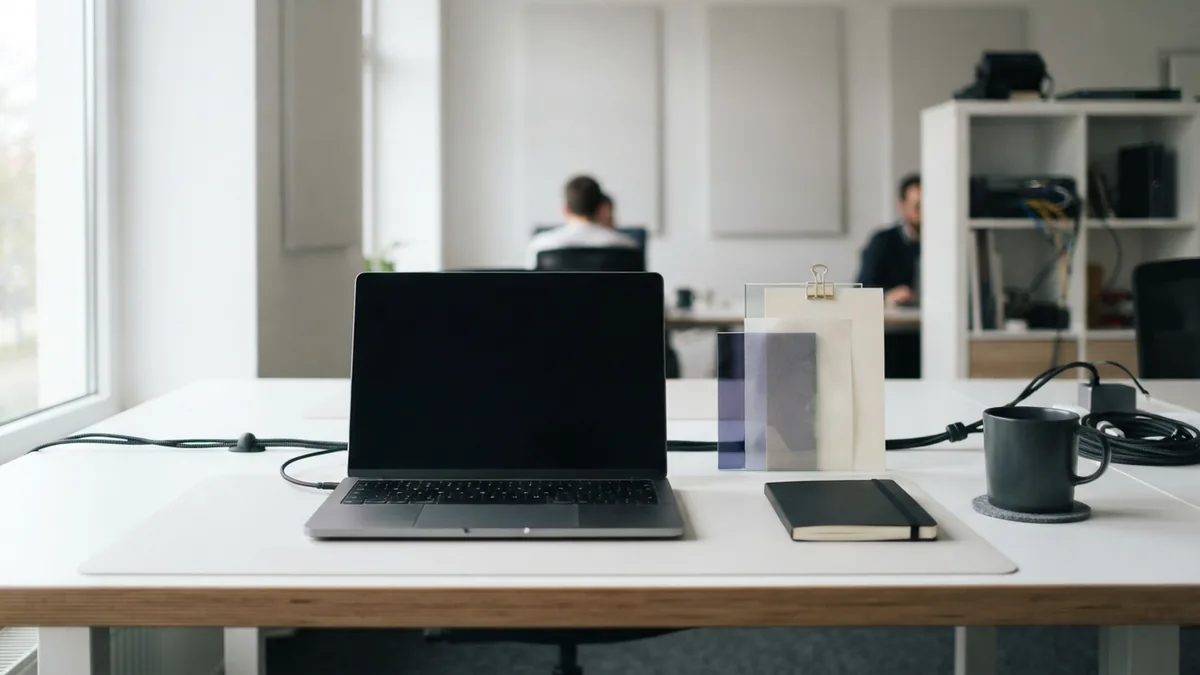 UI and UX working together Modern desk scene showing connected design elements and an indigo reflection