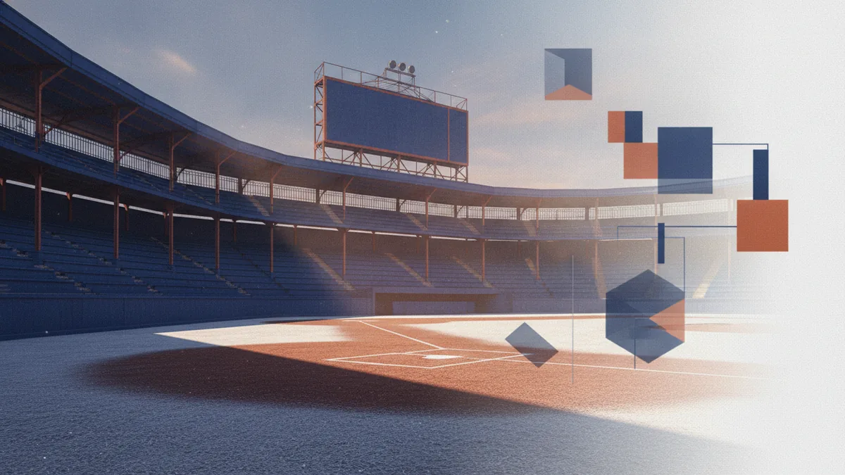 Historic ballpark under evening light Historic baseball scoreboard and empty grandstand beneath warm evening light