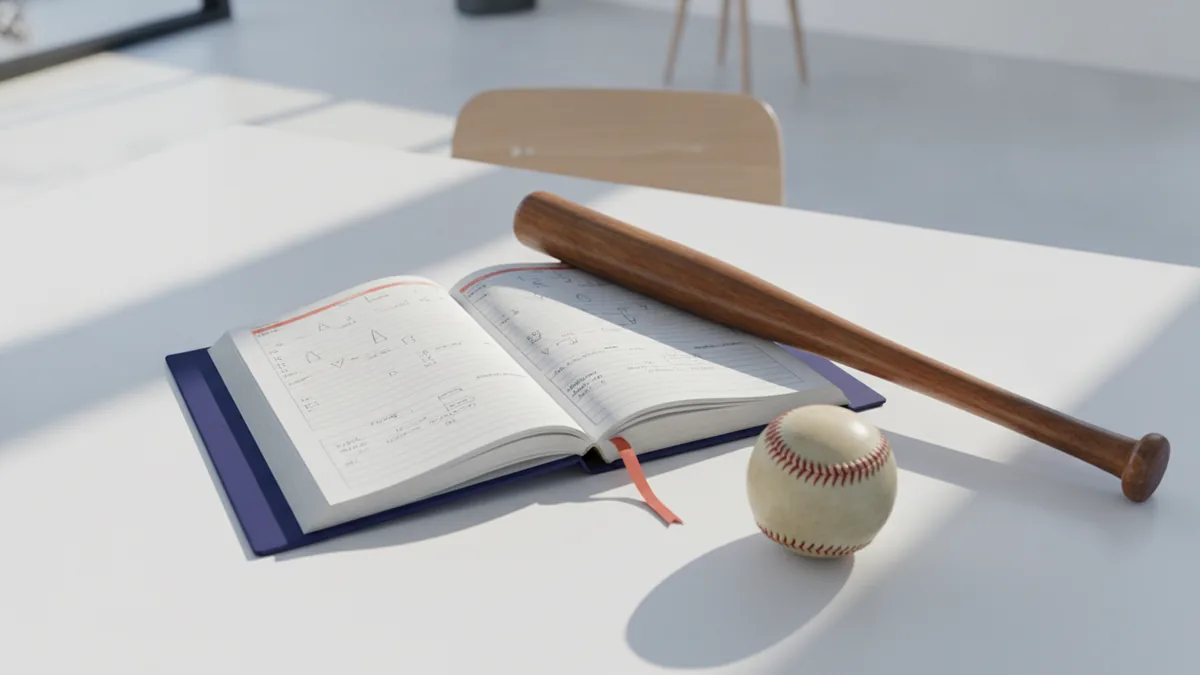 Old baseball statistics ledger with bat and ball on a dark wood desk